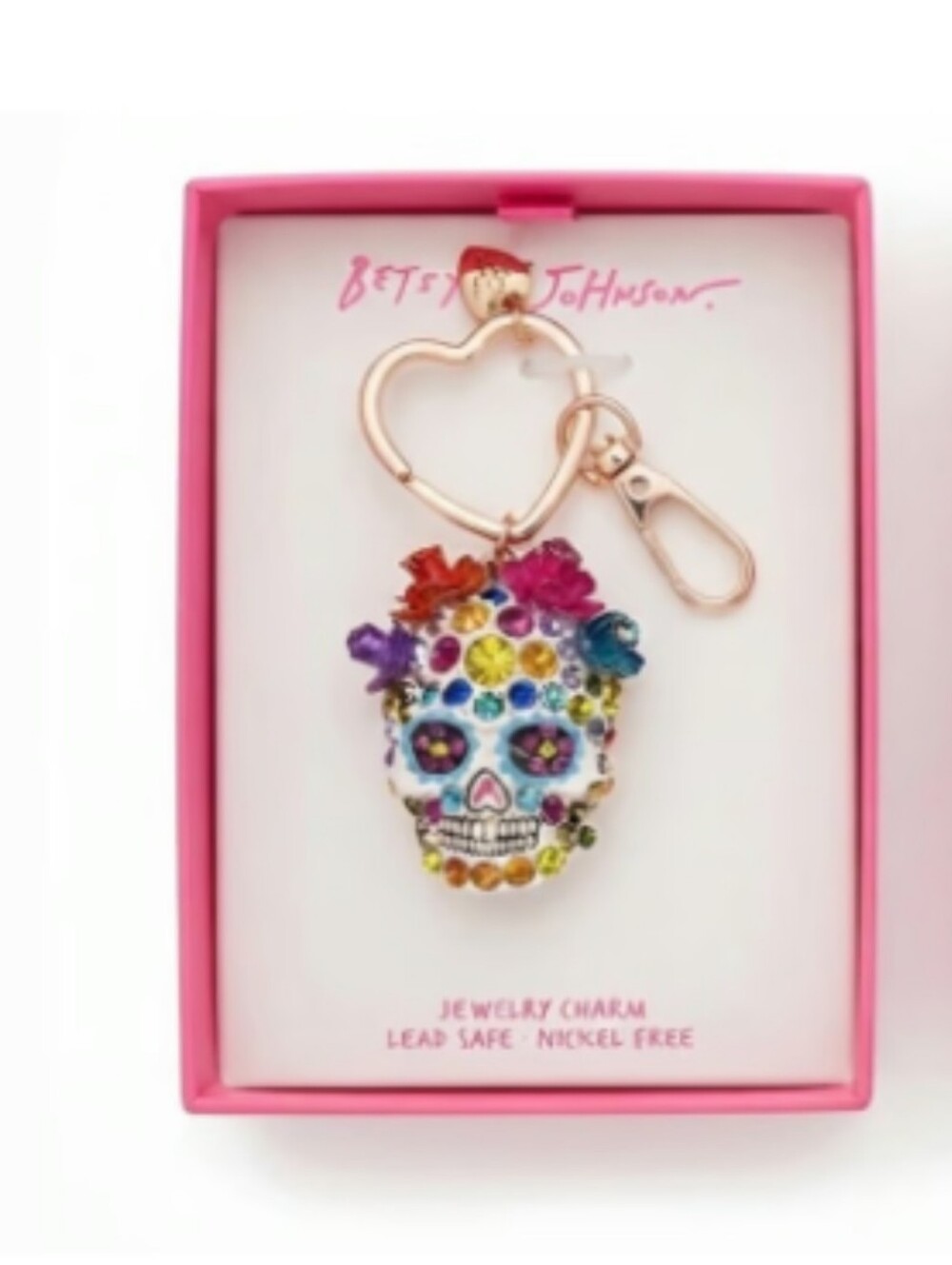 New Betsey Johnson Multicolor Crystal Sugar Skull Keychain
